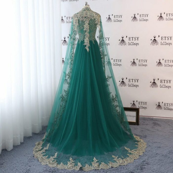 Wedding dress with emerald green accents